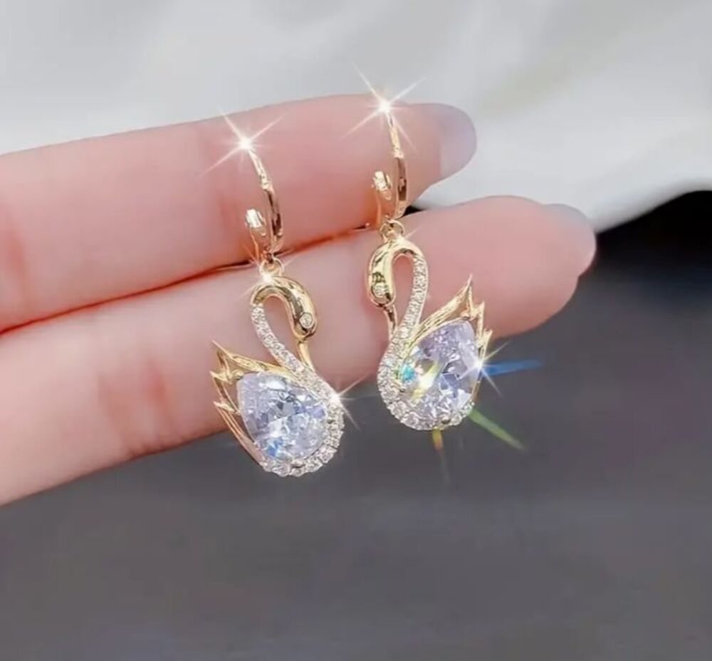 Dainty Gold Swan Earrings with Rhinestones